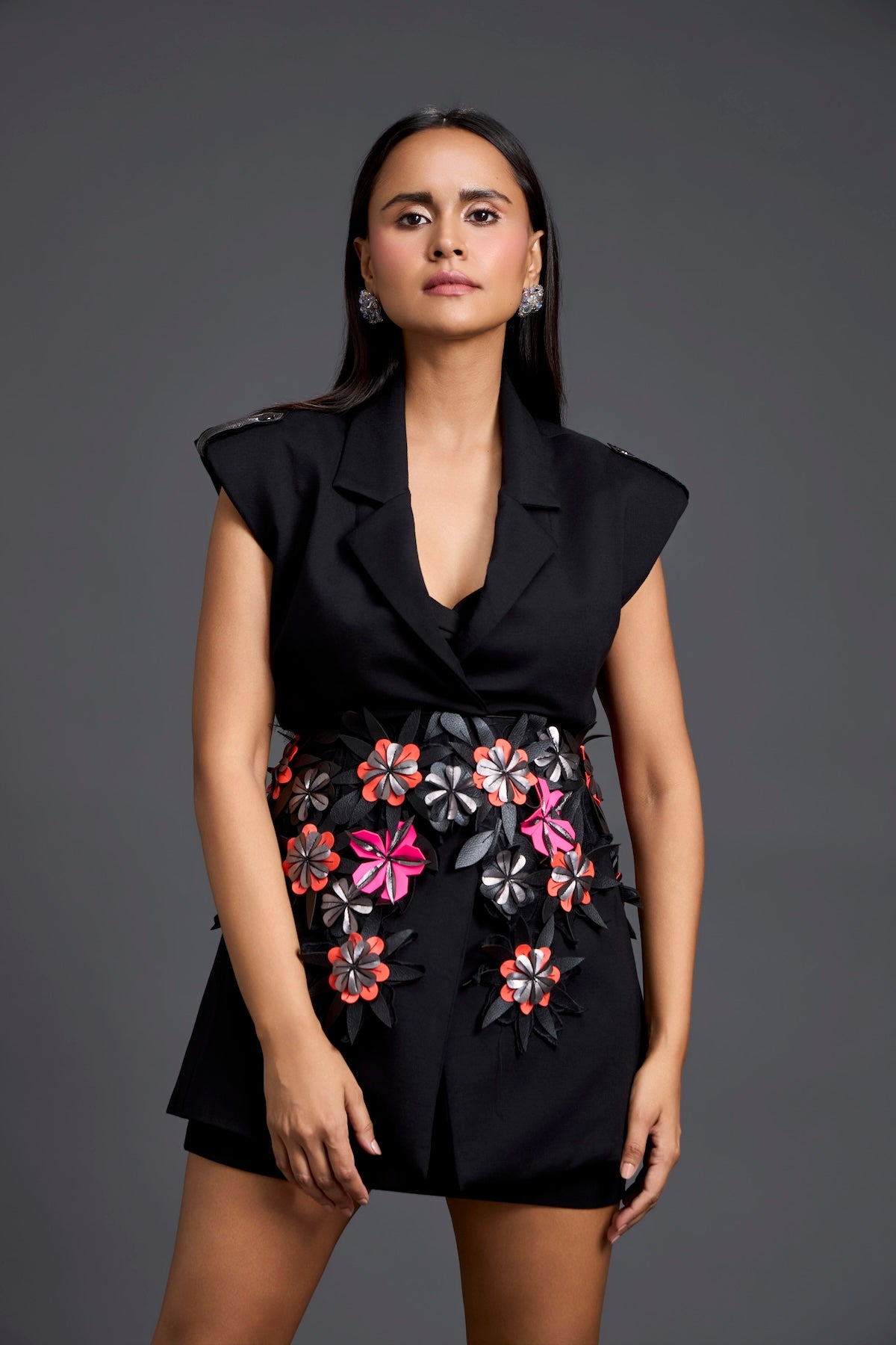 Black Floral Belt Blazer and Skirt Set
