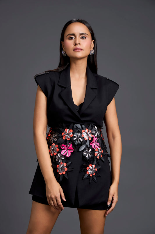 Black Floral Belt Blazer and Skirt Set