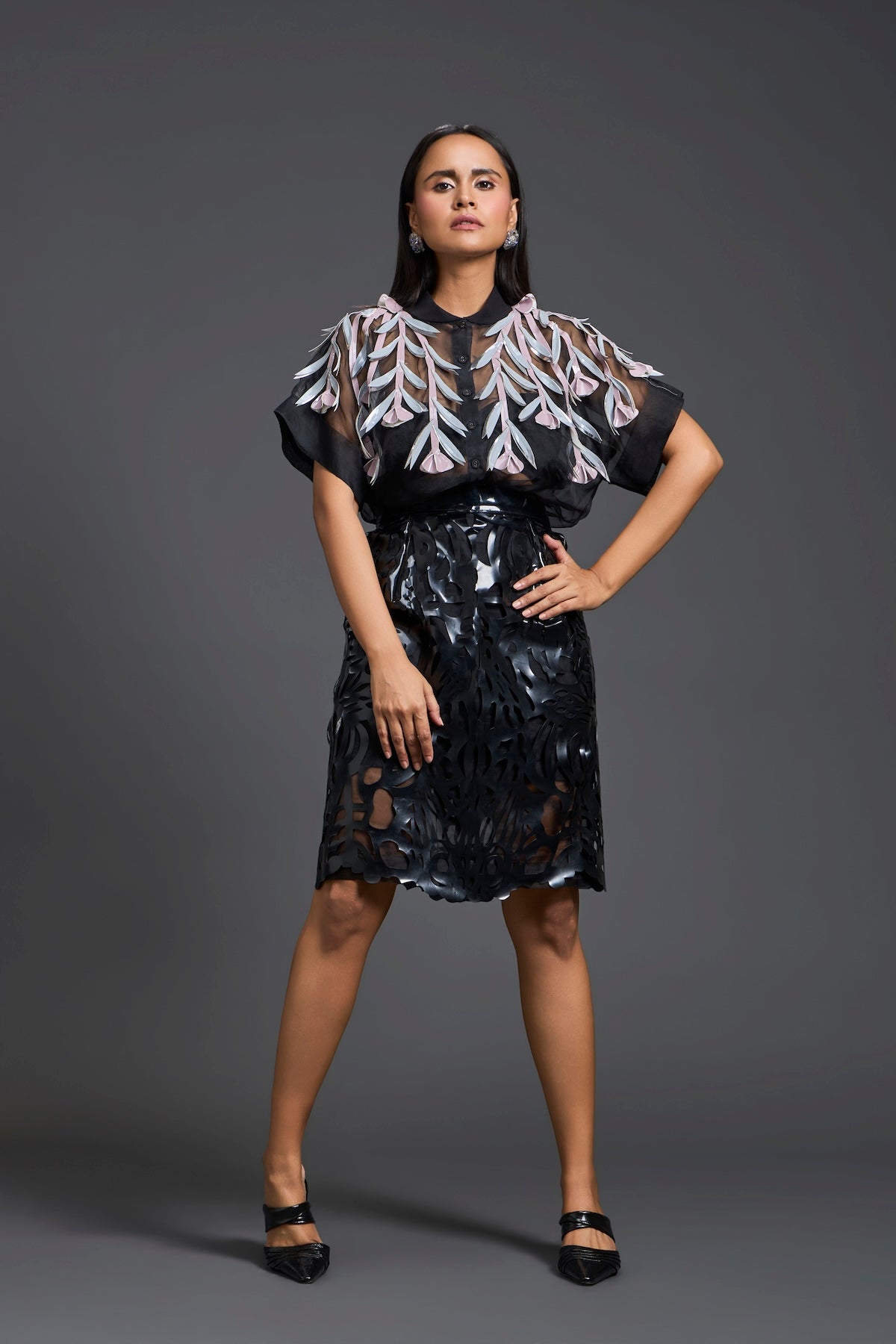 Black Sheer Floral Blouse and Laser-Cut Pencil Skirt Set