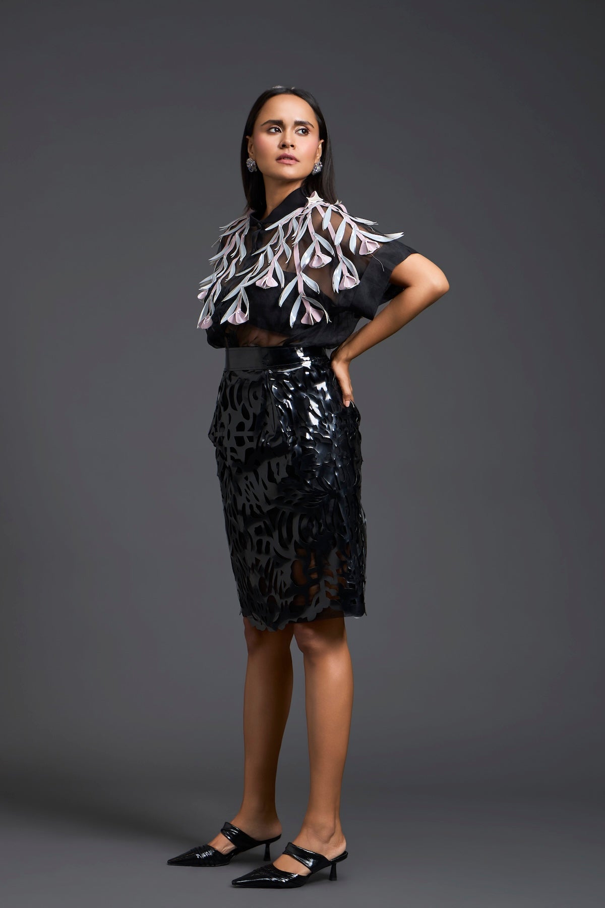 Black Sheer Floral Blouse and Laser-Cut Pencil Skirt Set