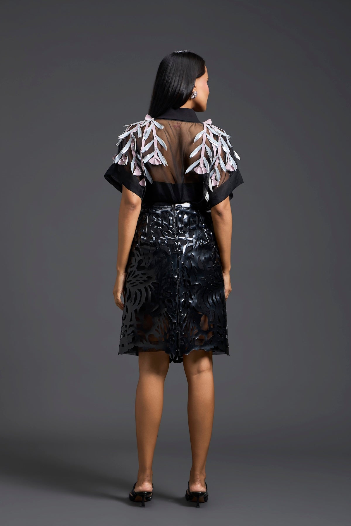 Black Sheer Floral Blouse and Laser-Cut Pencil Skirt Set
