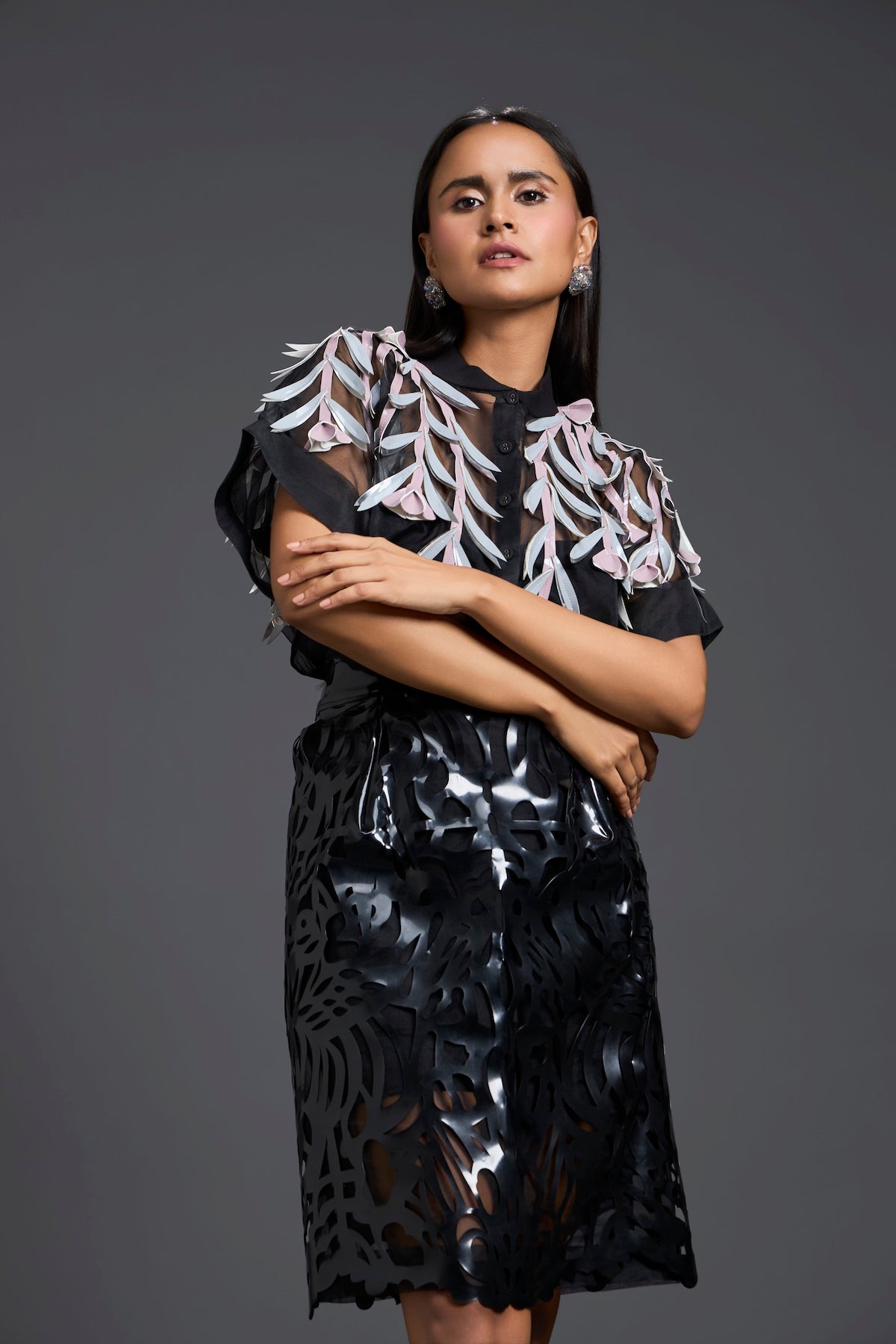 Black Sheer Floral Blouse and Laser-Cut Pencil Skirt Set