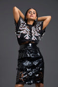 Load image into Gallery viewer, Black Sheer Floral Blouse and Laser-Cut Pencil Skirt Set
