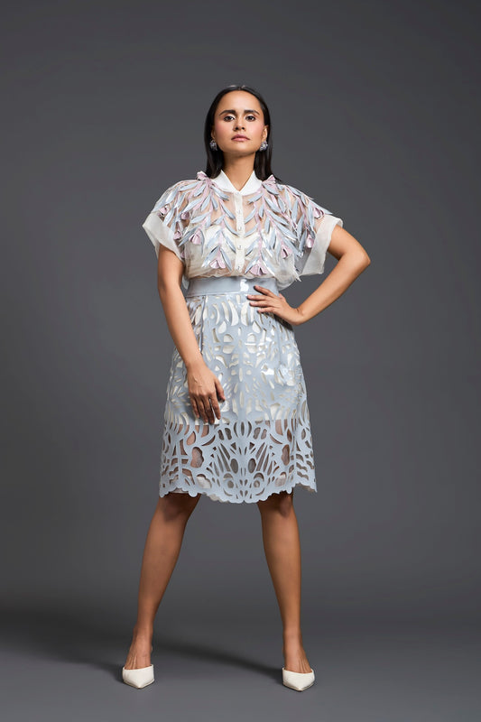 Grey Sheer Floral Blouse and Laser-Cut Pencil Skirt Set