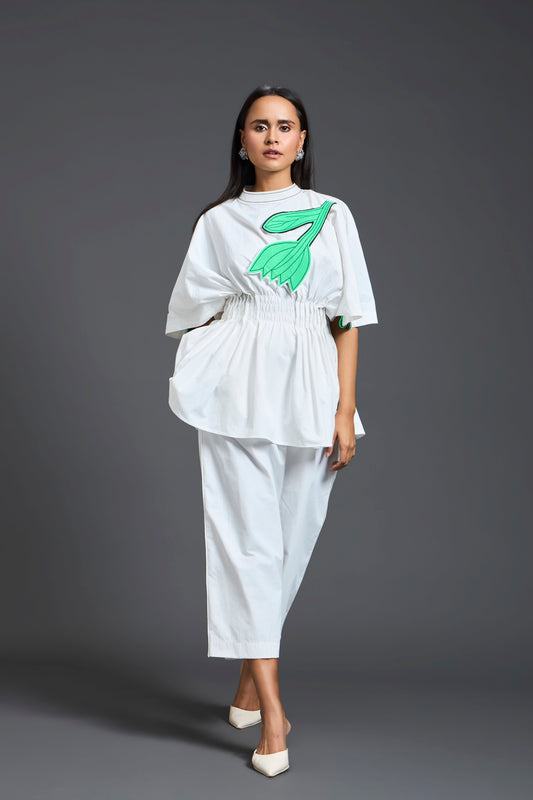 White Smocked Floral Peplum Co-ord Set