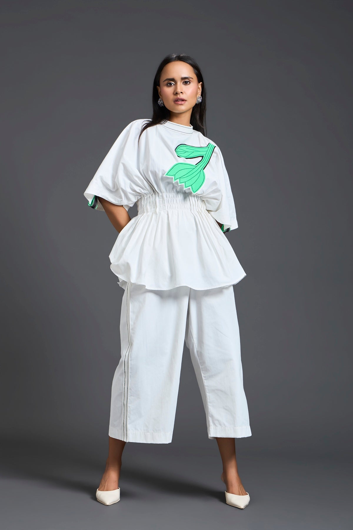 White Smocked Floral Peplum Top