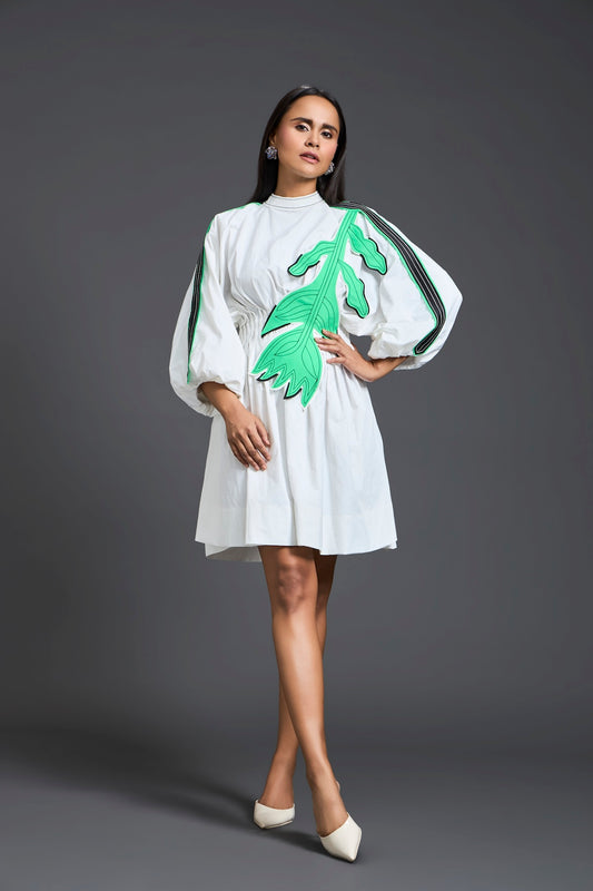 White Neon Patch Gathered Dress