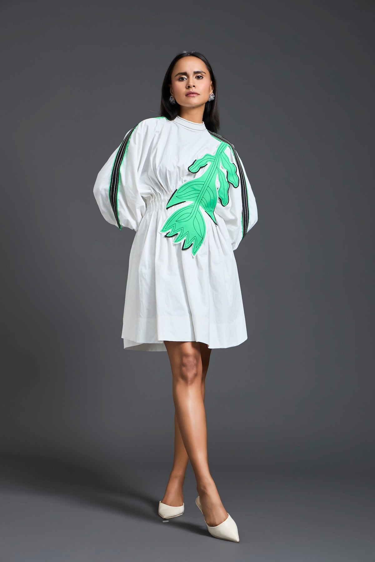White Neon Patch Gathered Dress