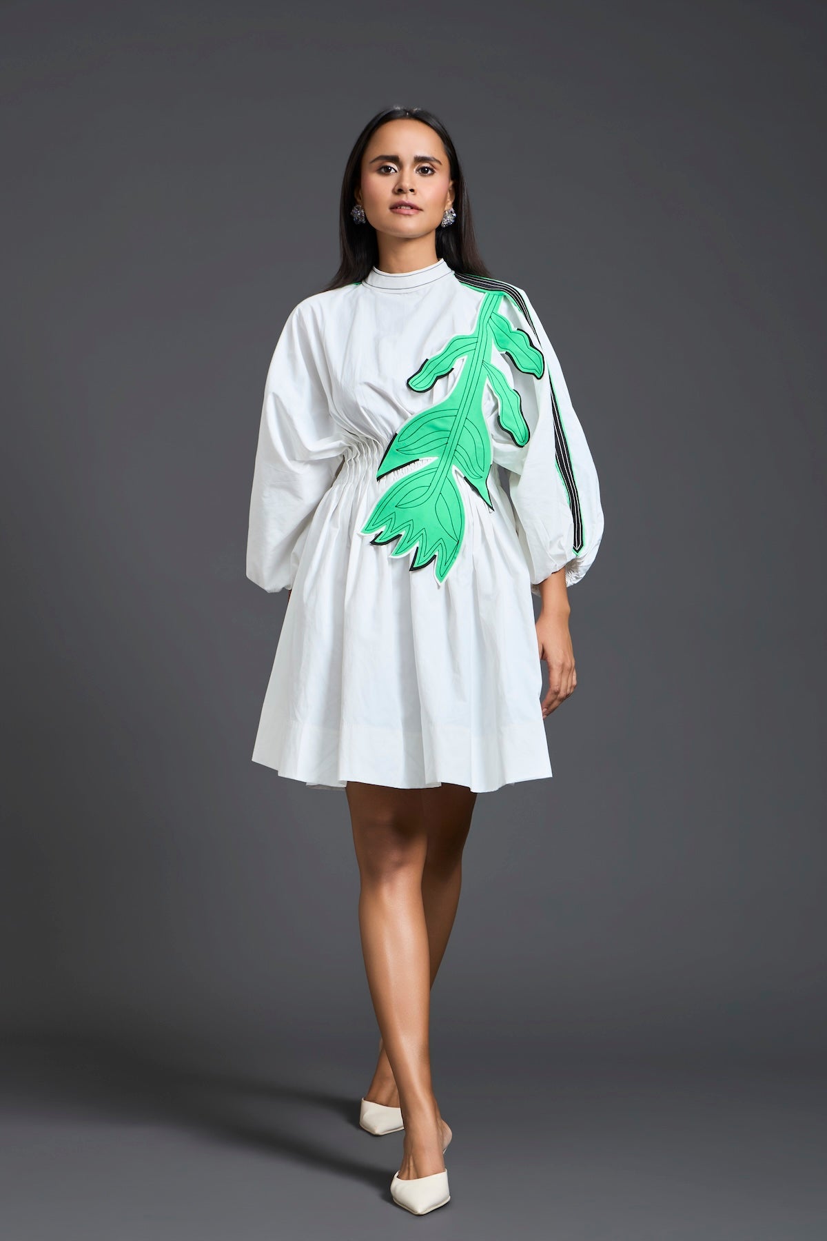 White Neon Patch Gathered Dress