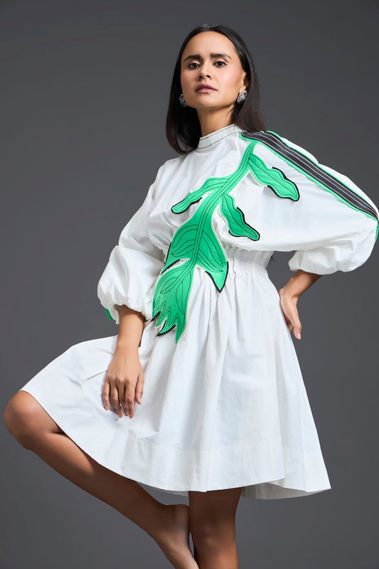 White Neon Patch Gathered Dress