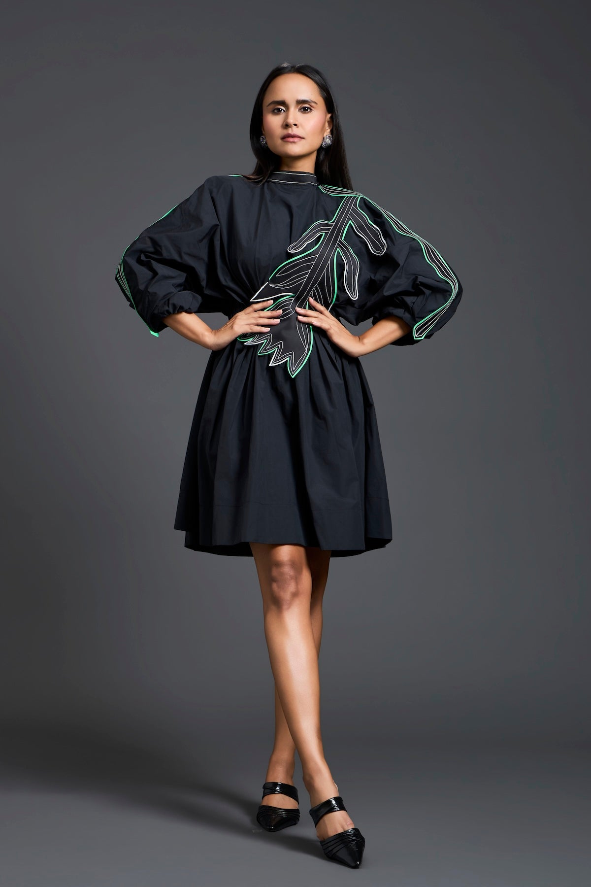 Black Neon Patch Gathered Dress