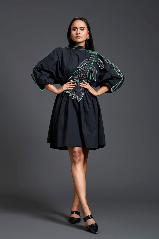 Black Neon Patch Gathered Dress