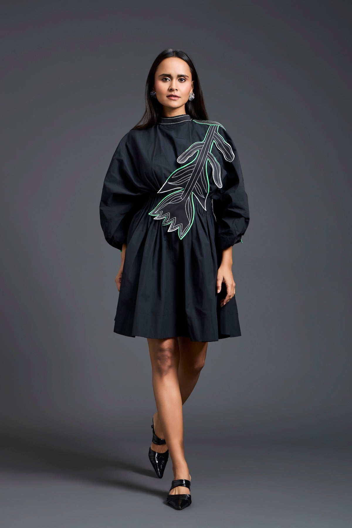 Black Neon Patch Gathered Dress