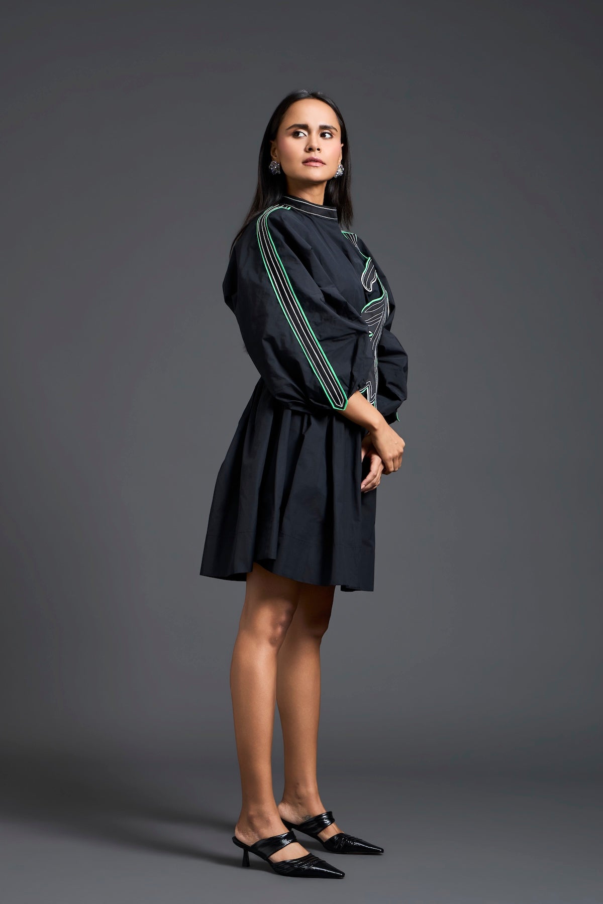Black Neon Patch Gathered Dress