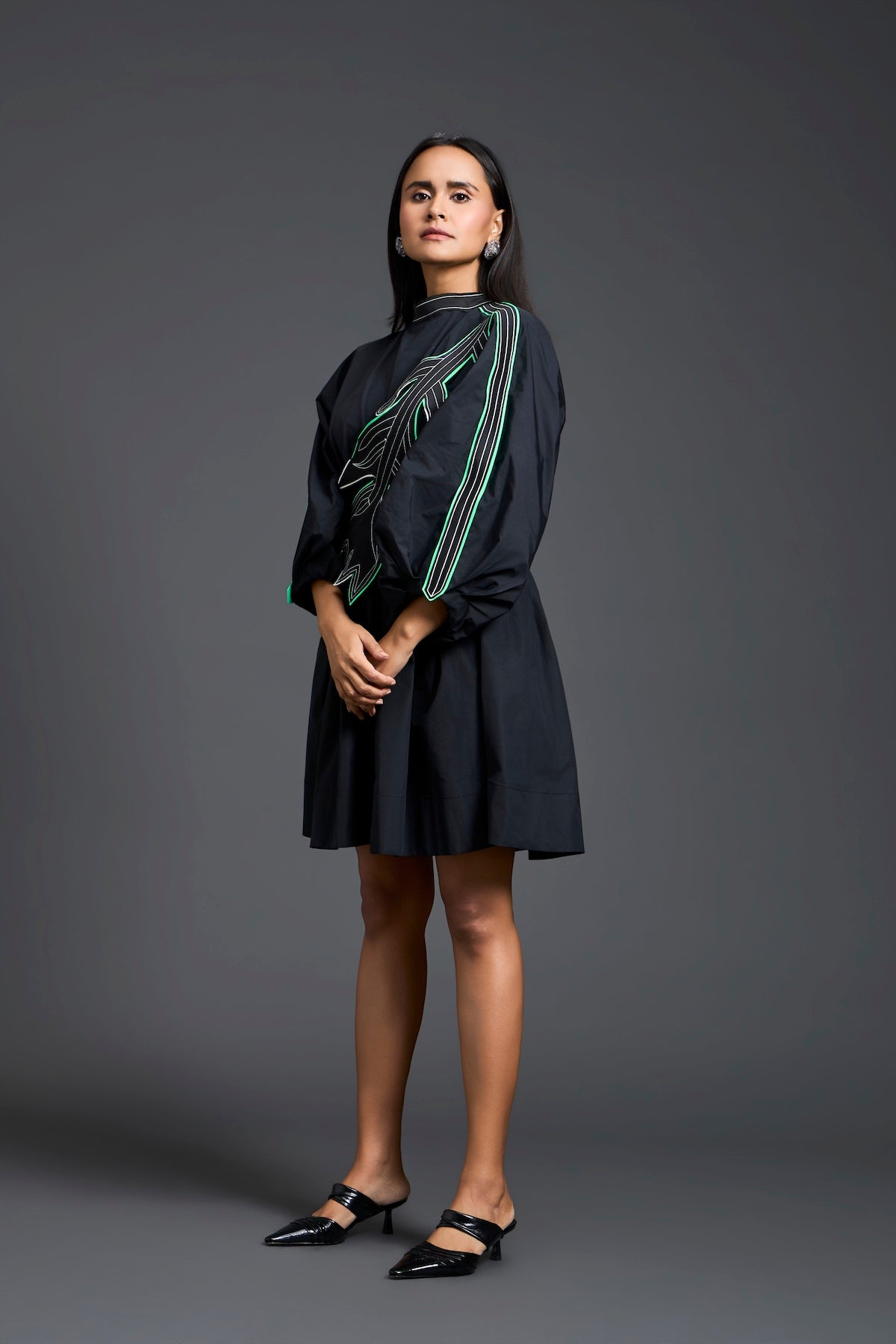 Black Neon Patch Gathered Dress