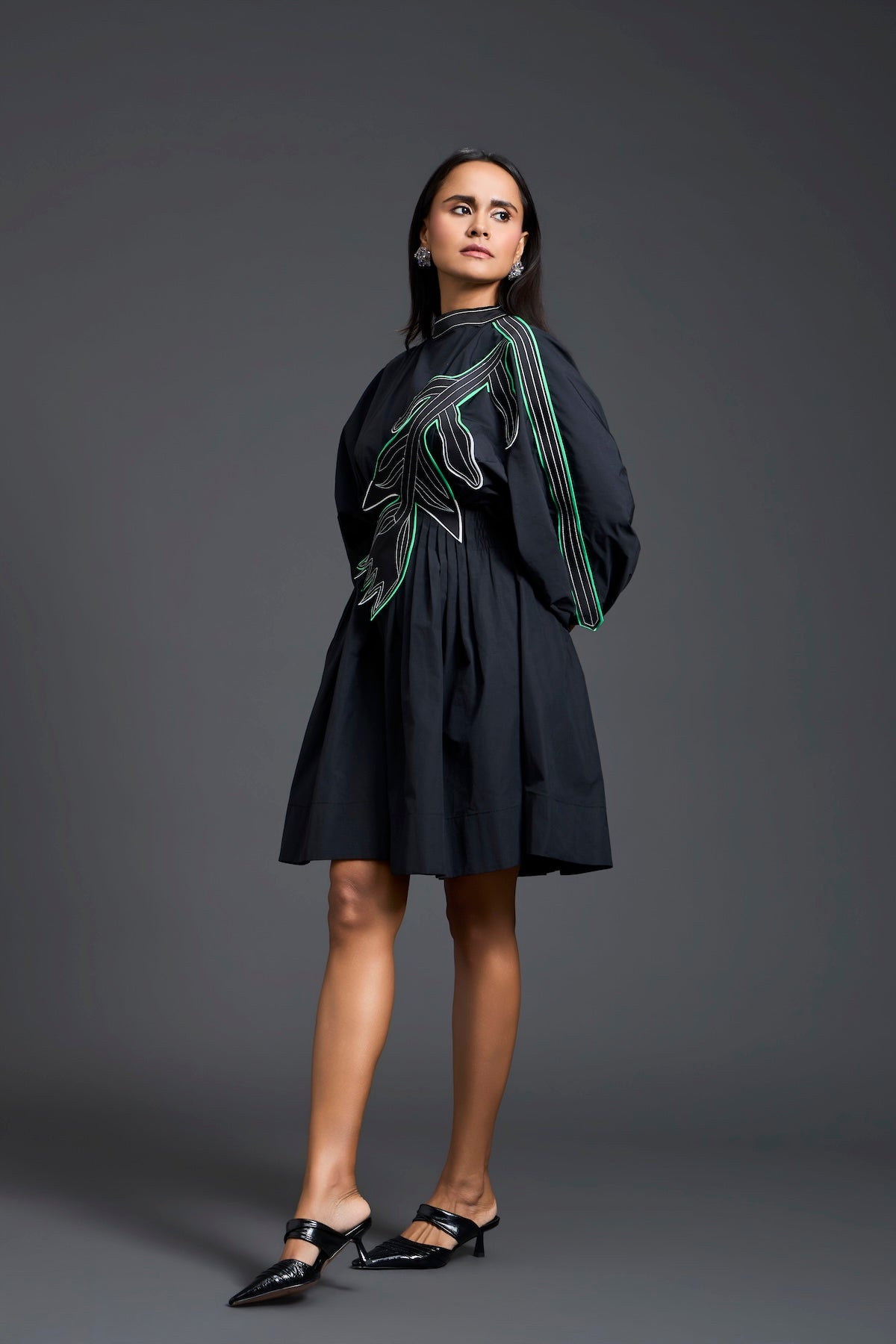 Black Neon Patch Gathered Dress