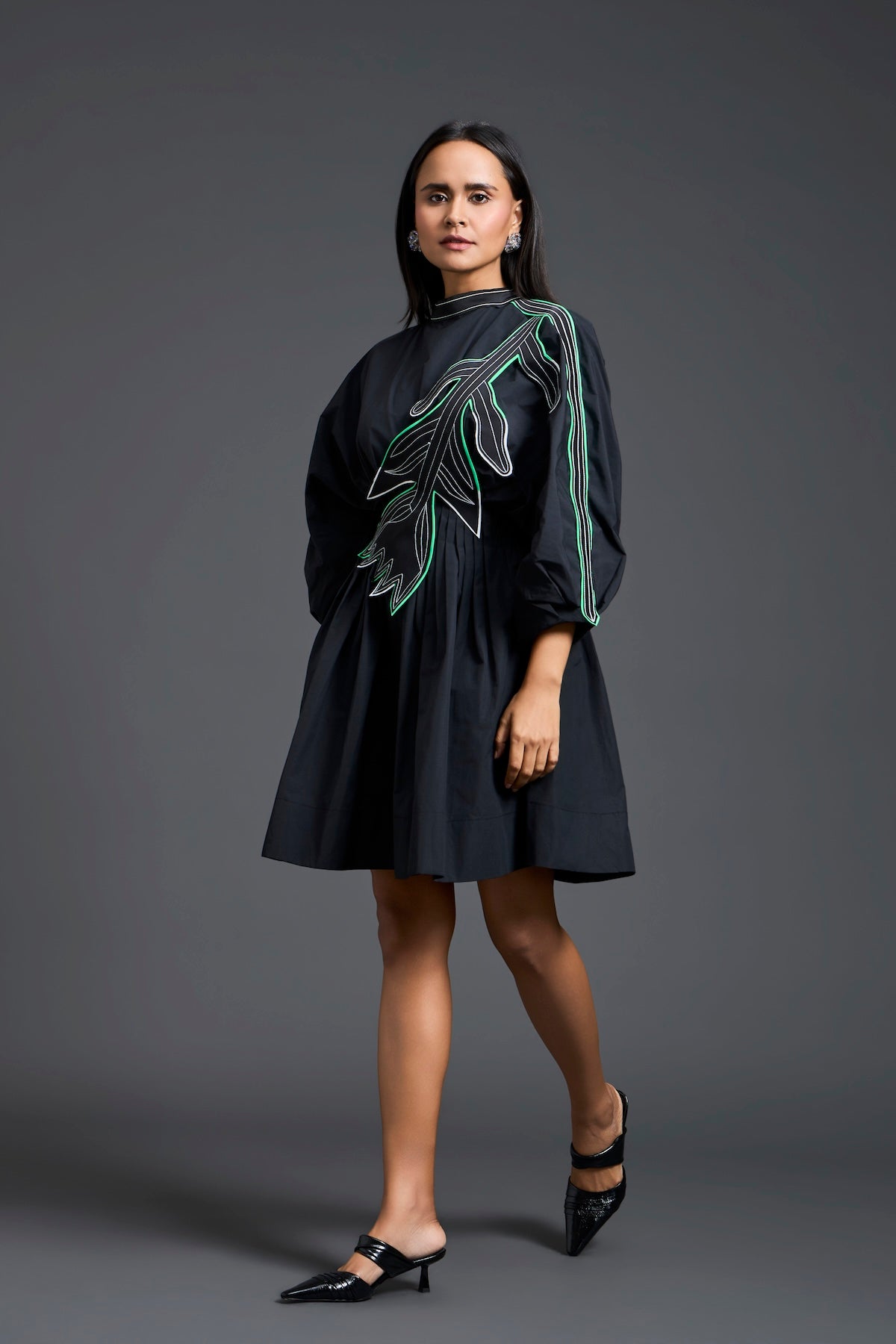 Black Neon Patch Gathered Dress