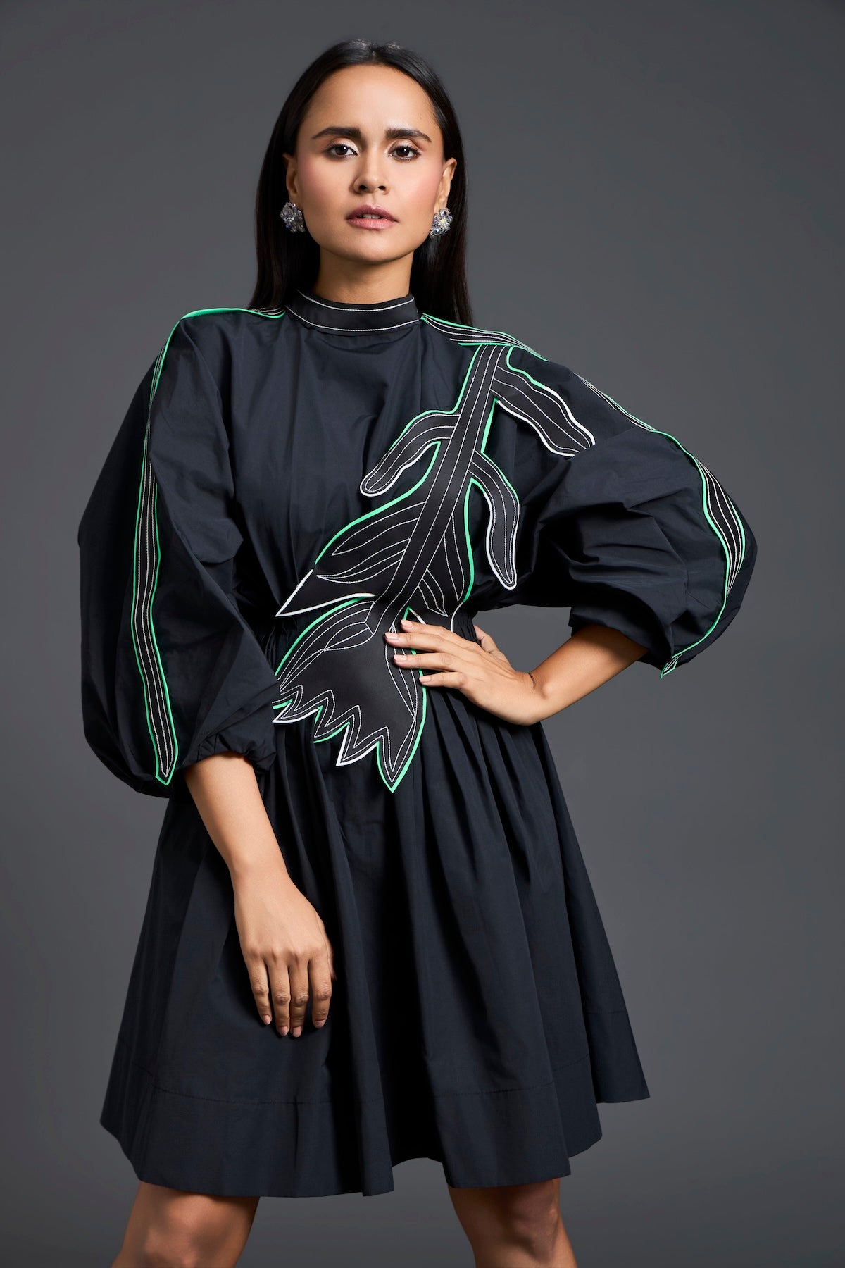 Black Neon Patch Gathered Dress