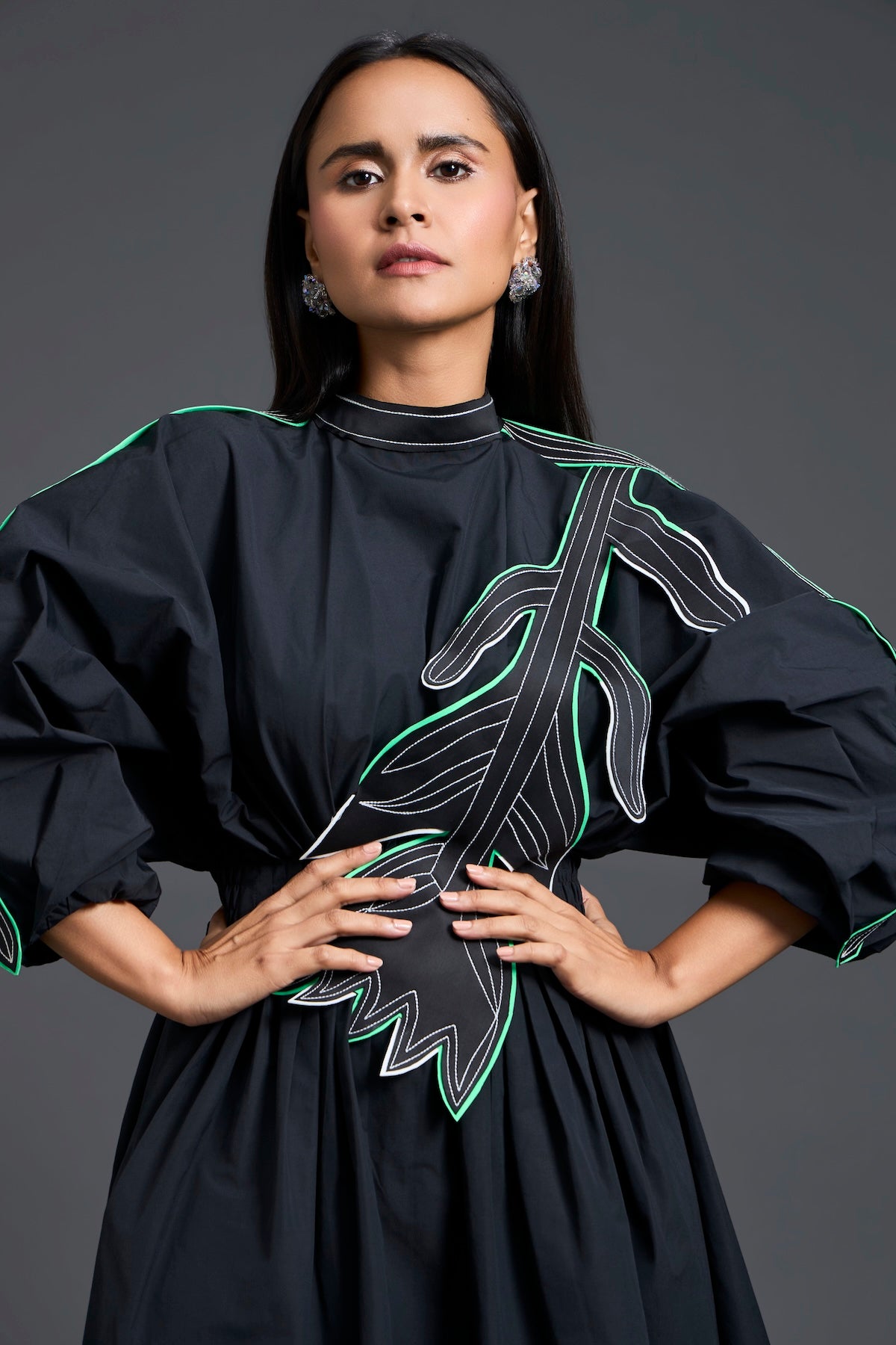 Black Neon Patch Gathered Dress
