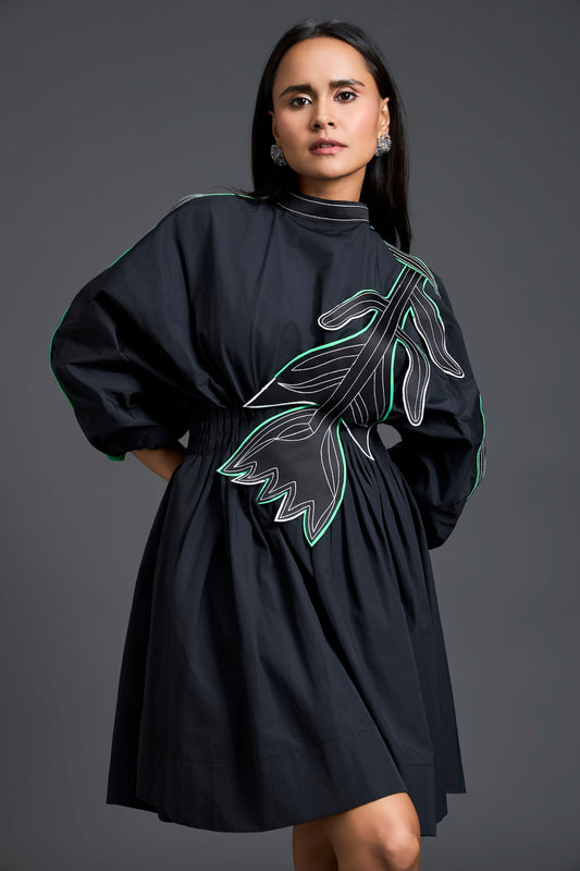 Black Neon Patch Gathered Dress