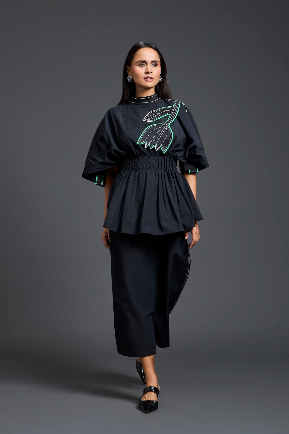 Black Smocked Floral Peplum Co-ord Set