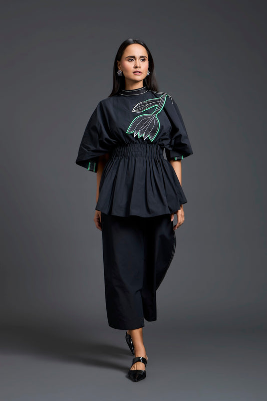 Black Smocked Floral Peplum Co-ord Set