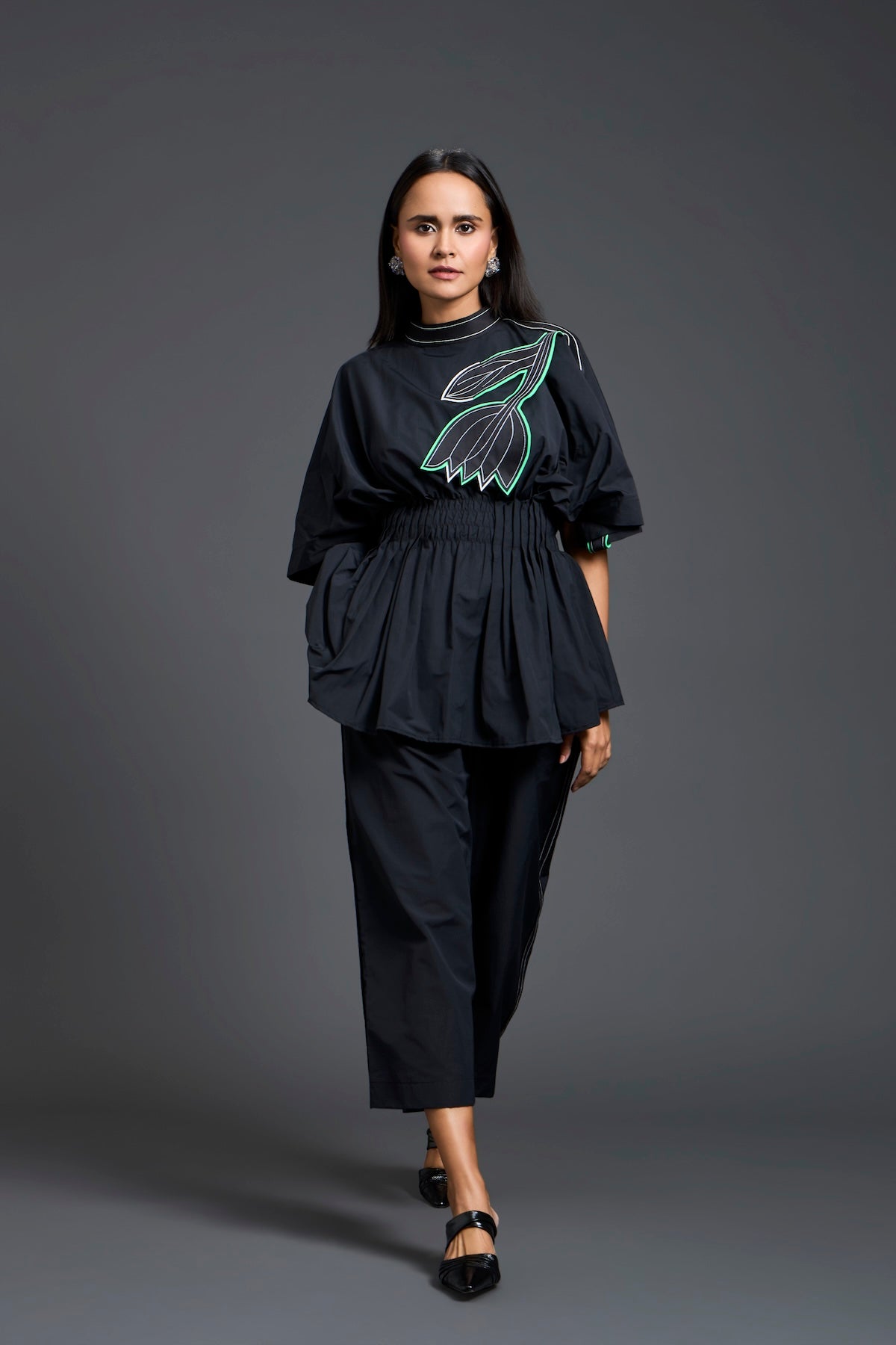 Black Smocked Floral Peplum Co-ord Set