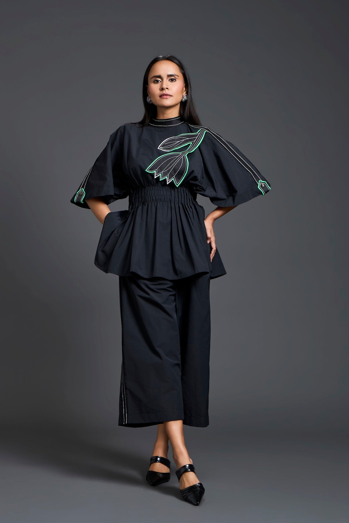Black Smocked Floral Peplum Co-ord Set