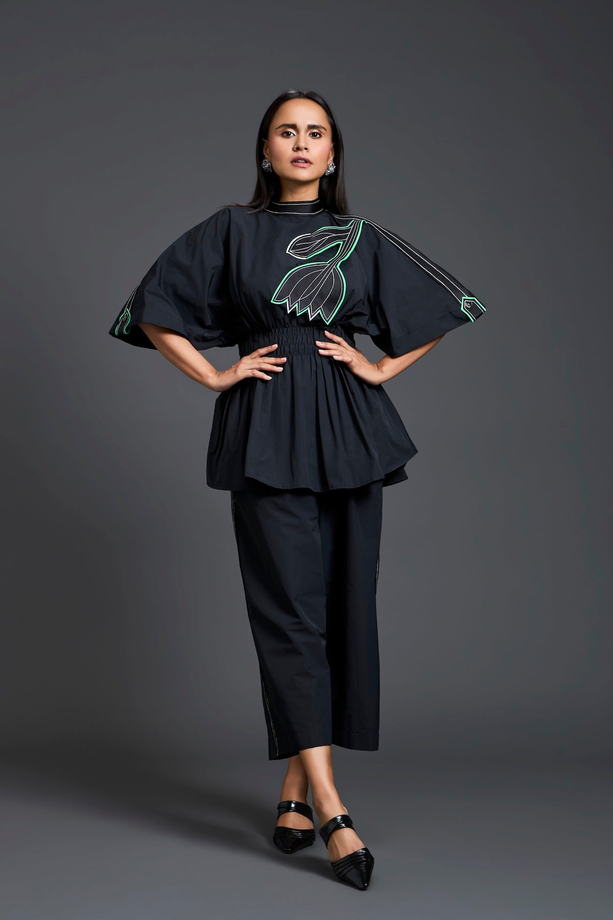 Black Smocked Floral Peplum Co-ord Set
