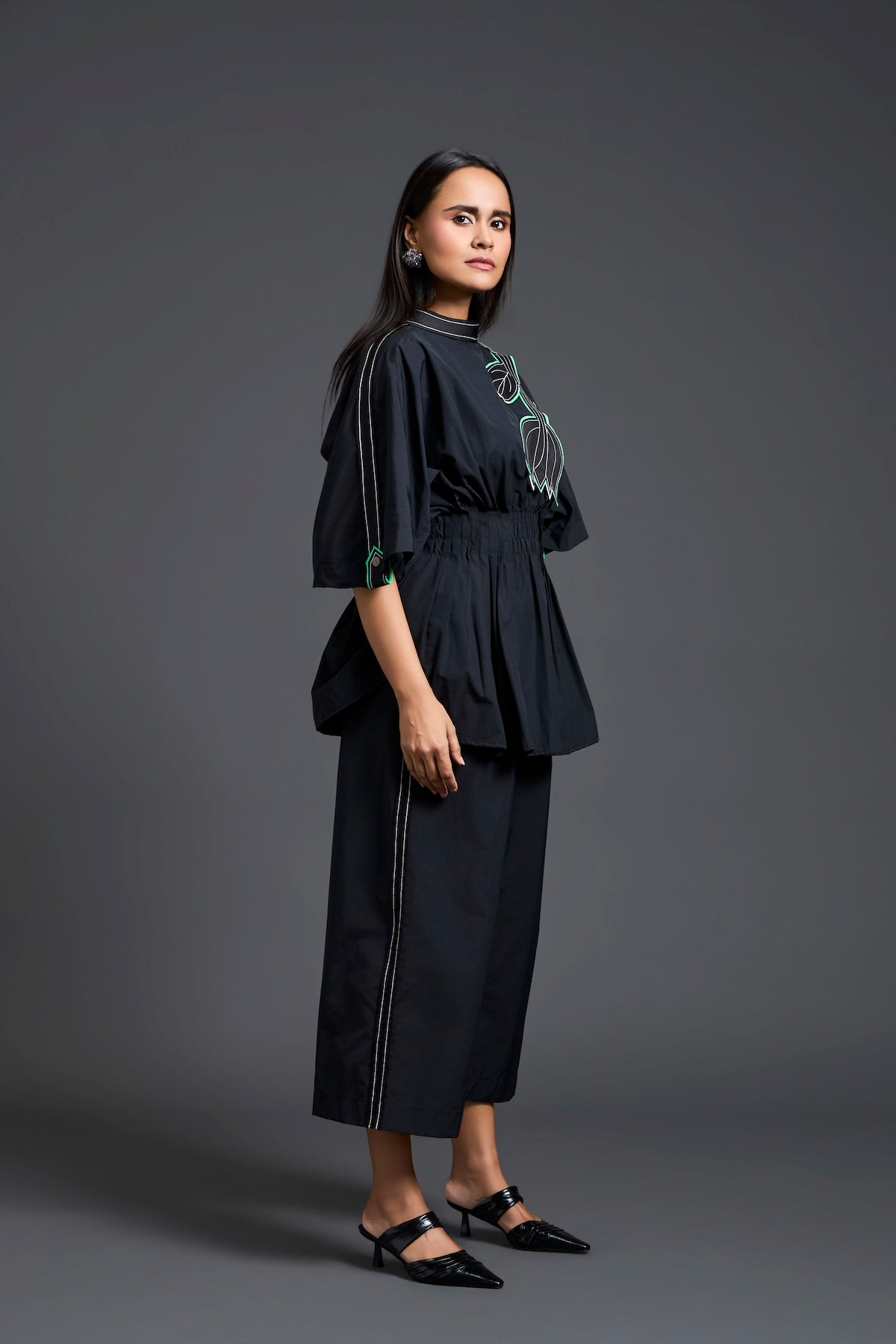 Black Smocked Floral Peplum Co-ord Set