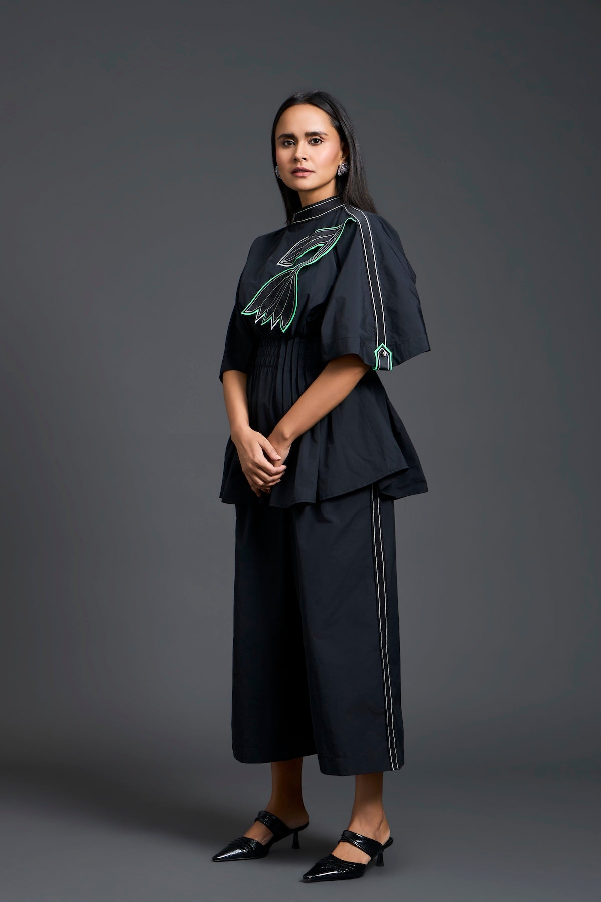 Black Smocked Floral Peplum Co-ord Set
