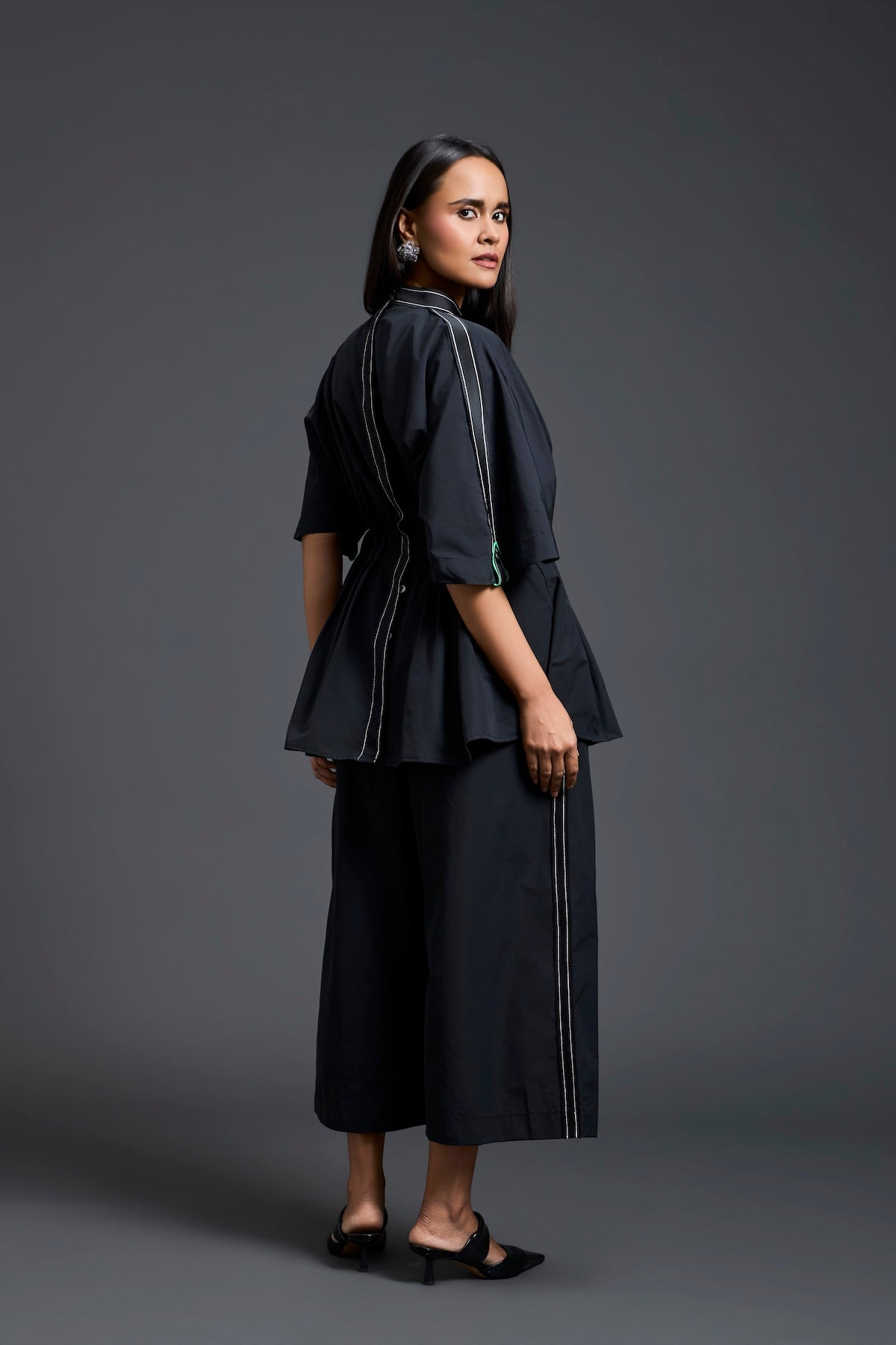 Black Smocked Floral Peplum Co-ord Set