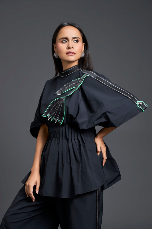 Black Smocked Floral Peplum Co-ord Set
