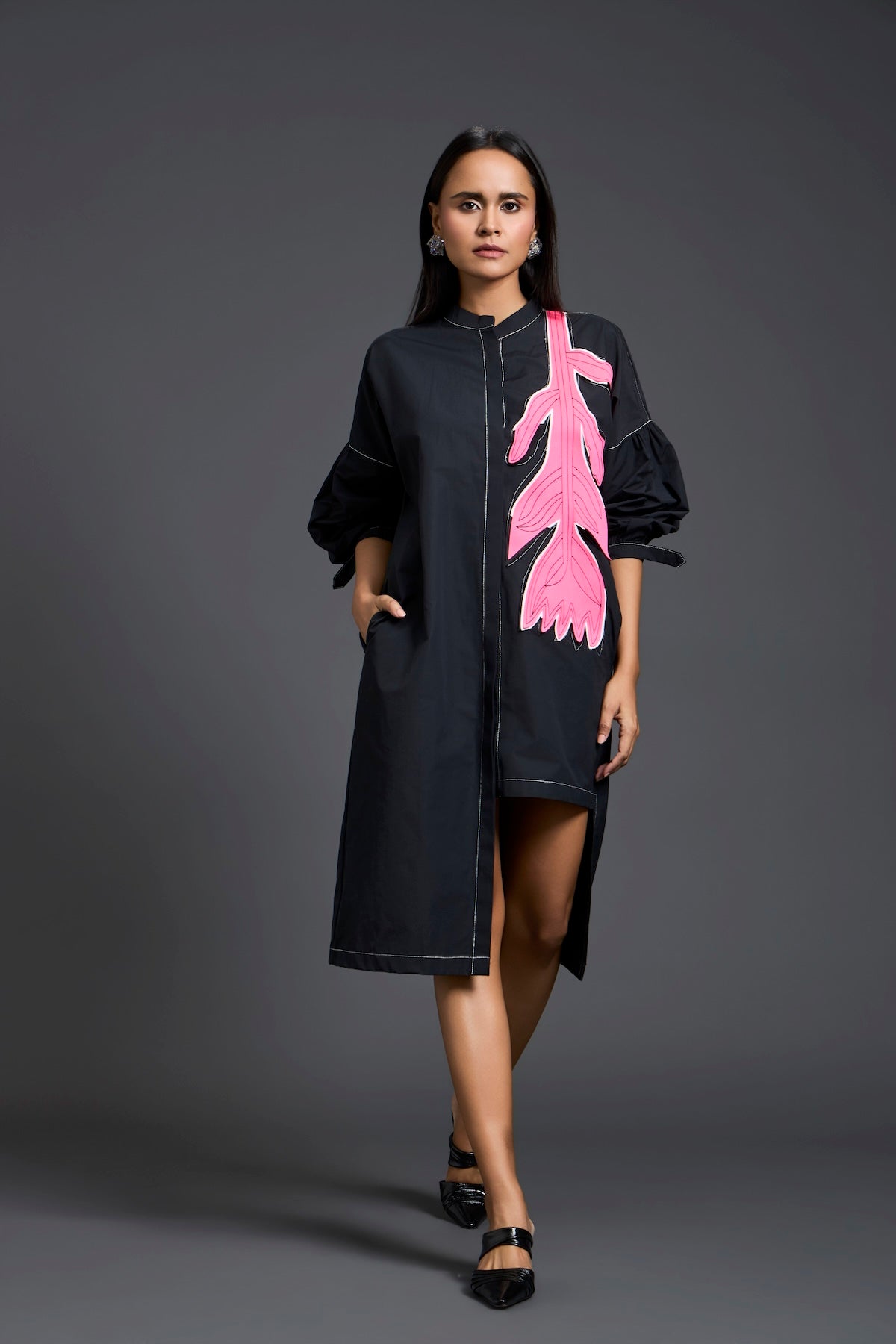 Black Oversized Floral Patch Shirt Dress