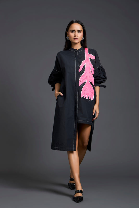 Black Oversized Floral Patch Shirt Dress
