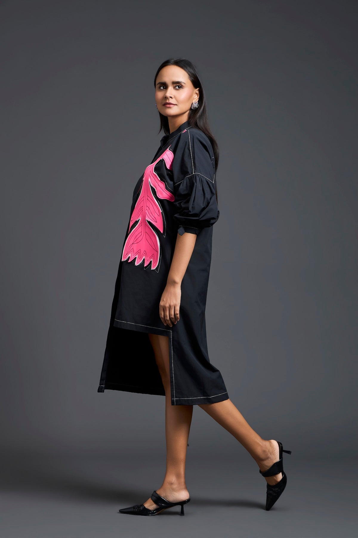 Black Oversized Floral Patch Shirt Dress