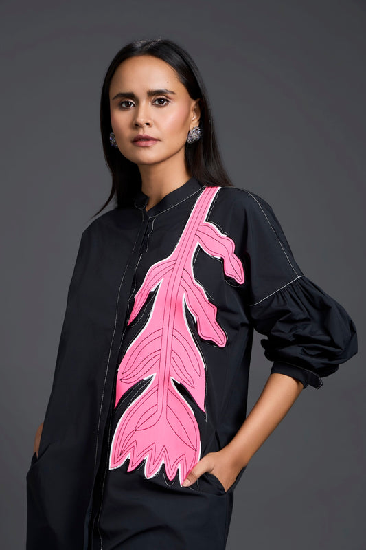 Black Oversized Floral Patch Shirt Dress
