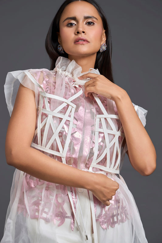 Onion Pink Floral Patchwork Organza Top