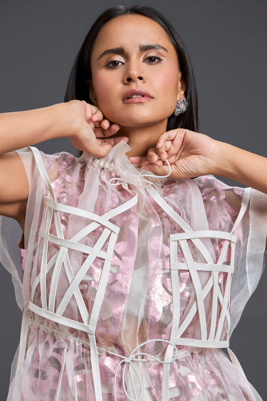 Onion Pink Floral Patchwork Organza Top