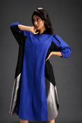 Load image into Gallery viewer, Blue Shirt Dress With Black Panels And Metallic Side Detailing

