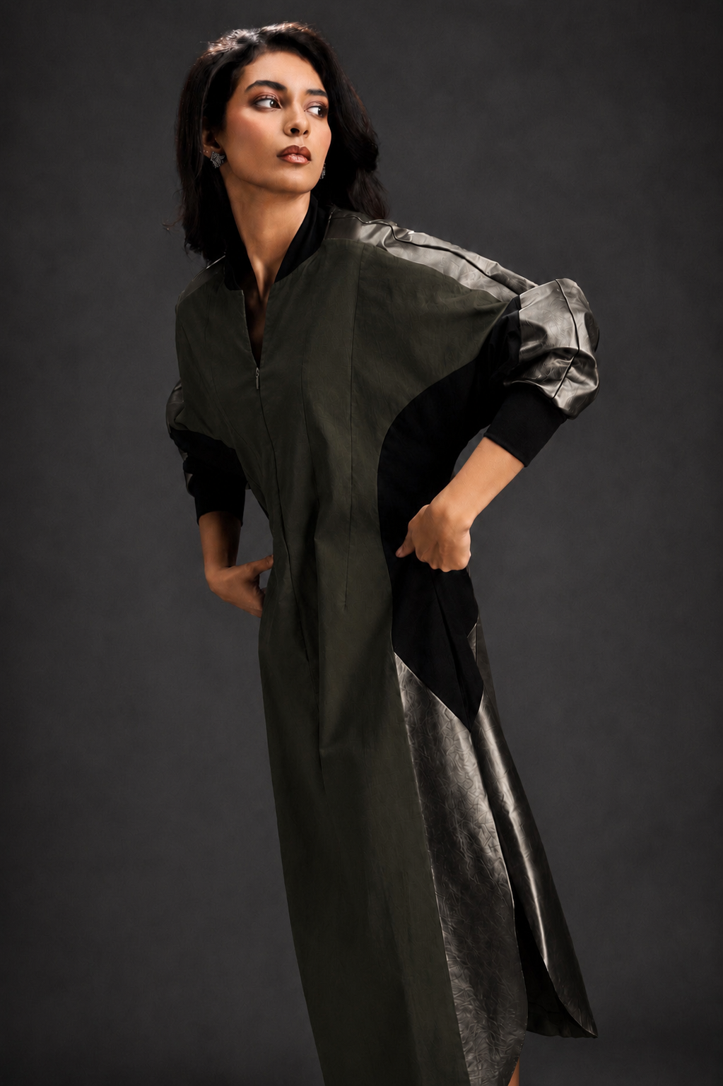 Relaxed Dark Green Co-ord With Loose-fit Dramatic-sleeve Shirt And Wide-leg Pants With Metallic Side Panels.