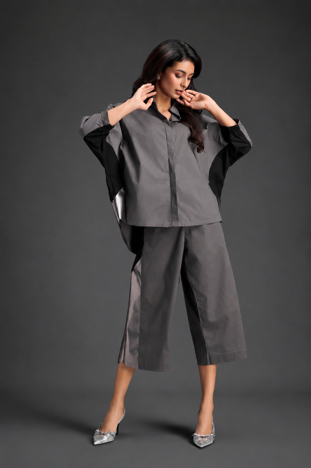 Relaxed Warm Grey Co-ord With Loose-fit Dramatic-sleeve Shirt And Wide-leg Pants With Metallic Side Panels.