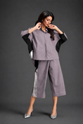 Load image into Gallery viewer, Relaxed Ash Pink Co-ord With Loose-fit Dramatic-sleeve Shirt And Wide-leg Pants With Metallic Side Panels.
