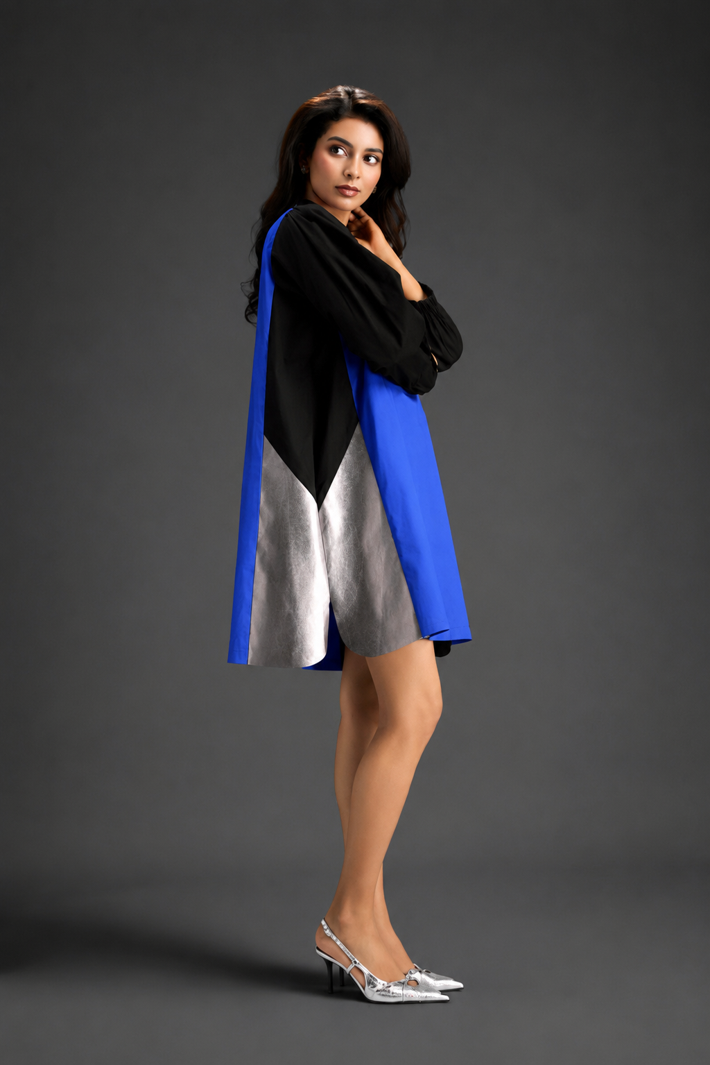 Colourblock Tunic Dress In Blue And Black With Metallic Silver Side Panels