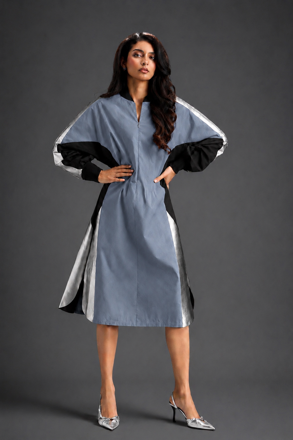 Statement Colourblock Midi Dress In Cool Grey With Contrast Metallic Silver Side Panels And Balloon Sleeves