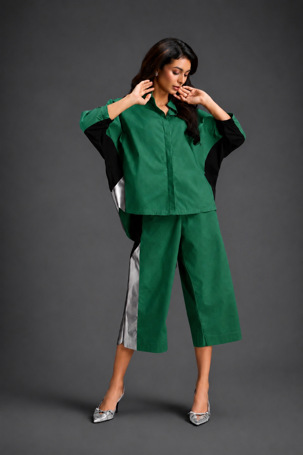 Relaxed Parrot Green Co-ord With Loose-fit Dramatic-sleeve Shirt And Wide-leg Pants With Metallic Side Panels.