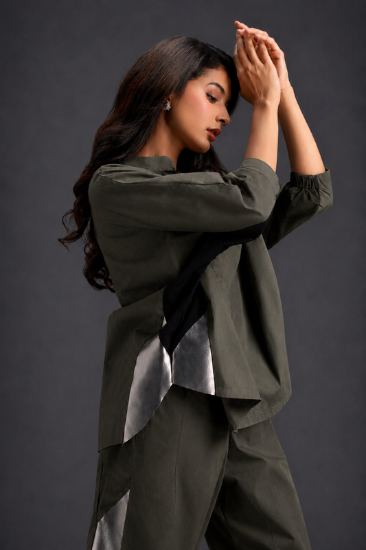 Relaxed Dark Green Co-ord With Loose-fit Dramatic-sleeve Shirt And Wide-leg Pants With Metallic Side Panels.