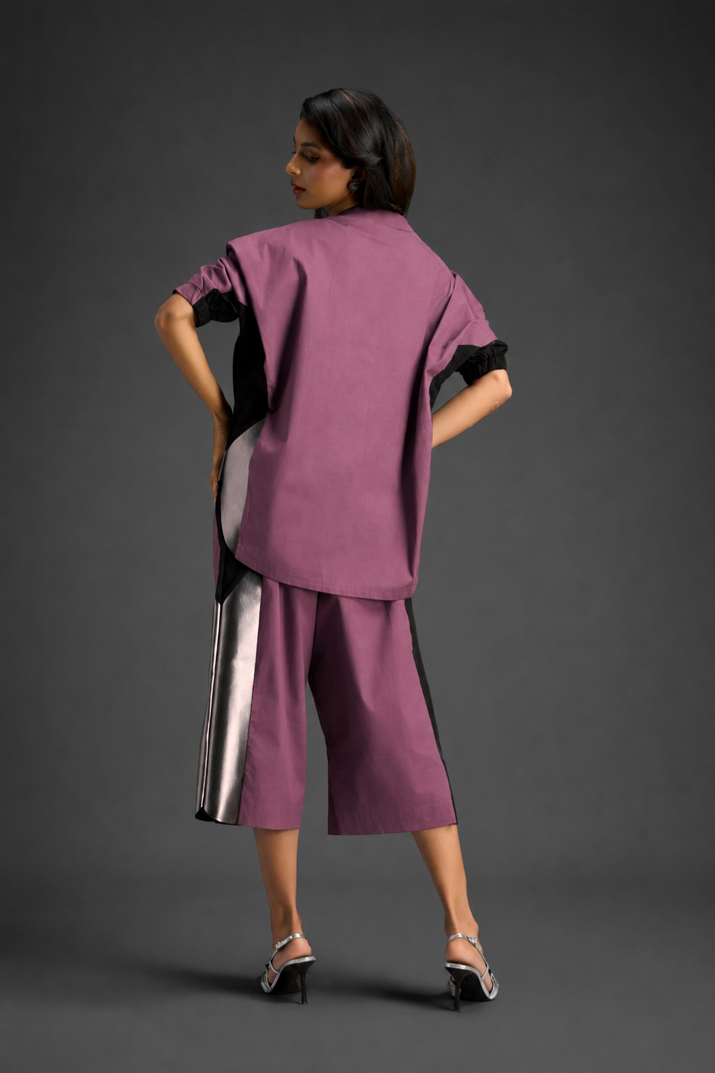 Relaxed Pink Co-ord With Loose-fit Dramatic-sleeve Shirt And Wide-leg Pants With Metallic Side Panels.