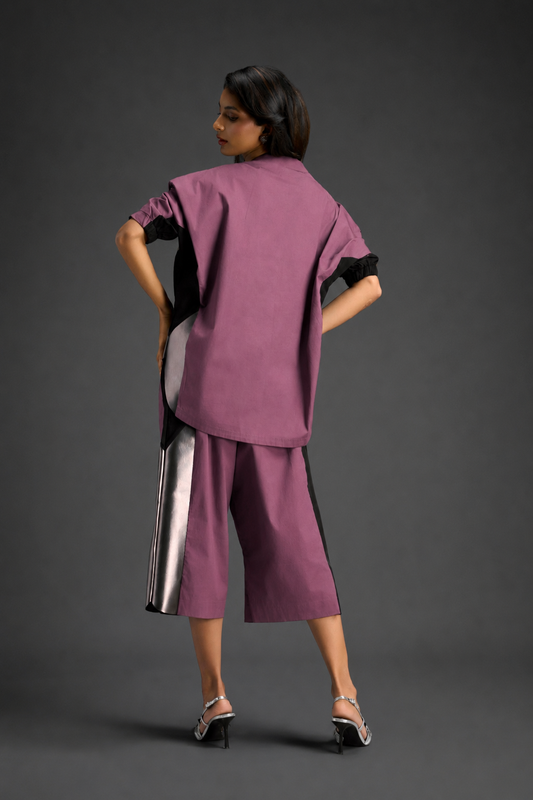 Relaxed Pink Co-ord With Loose-fit Dramatic-sleeve Shirt And Wide-leg Pants With Metallic Side Panels.