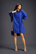 Load image into Gallery viewer, Statement Colourblock Midi Dress In Blue With Contrast Metallic Silver Side Panels And Balloon Sleeves
